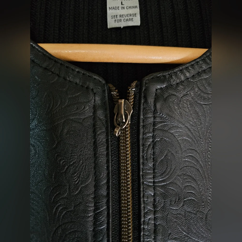 Provence d'Amour Black Leather Knit Jacket L Embossed Floral Zip Front